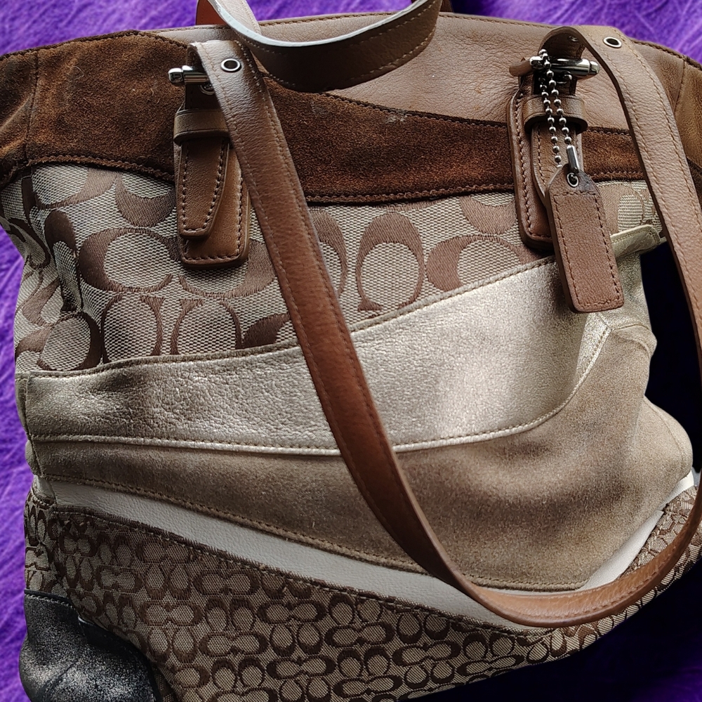 Coach Brown and Cream Shoulder Bag with Signature Monogram